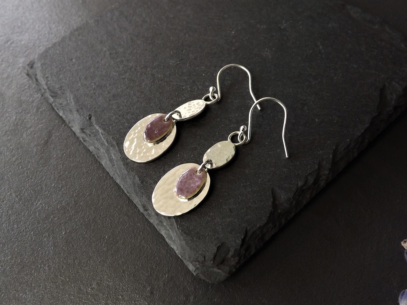 Enamelled Hammered Silver Oval Earrings, Heather